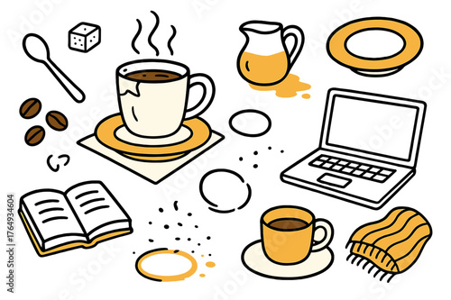 Cozy Afternoon Coffee. Afternoon coffee. Hand-drawn doodle illustration chipped coffee mug (colored), steam (colored), saucer (colored), coffee beans