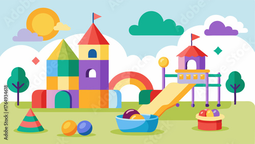A childrens play area with colorful toys games and a small slide.