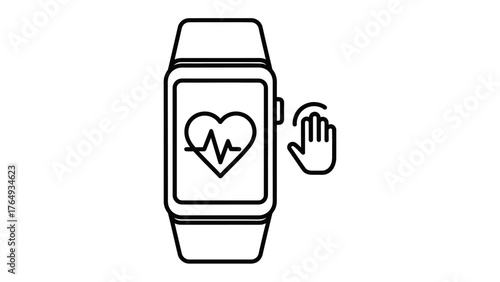 Health Monitoring: A sleek smartwatch displays a real-time heart rate graph, symbolizing health tracking and fitness. The addition of a hand icon suggests user interaction. 