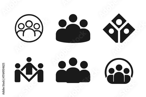 Collaborative Logo Grid. Healthy Workplace Culture. Set Logo of Team Collaboration: Minimal outline, Filled silhouette, Abstract geometric, Negative space,