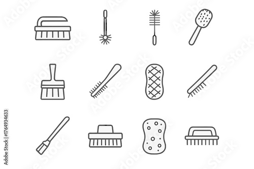 Cleaning Brushes Icons. Cleaning brushes. Line icon set of cleaning brushes: scrubbing brush, toilet brush, bottle brush, dish brush, paint cleaning brush,