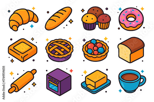Colorful Bakery Icons. Bakery treats. Colorful isometric vector icons set of bakery treats: croissant, baguette, muffins, pastries, donut, pie, tart, bread