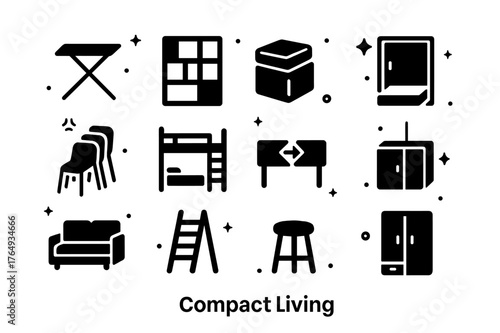 Compact Living Solutions. Compact Living. Solid icons set of Compact Living: foldable desk, modular shelving, storage ottoman, wall bed, stacking chairs, loft