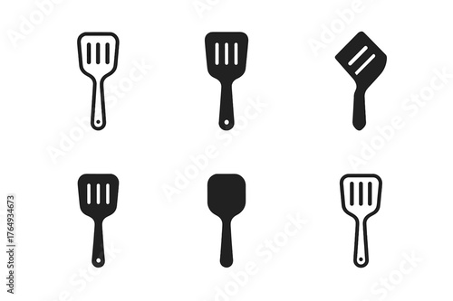 Kitchen Tools Logo Grid. Multi-Purpose Kitchen Tools. Set Logo of Spatula: Minimal outline, Filled silhouette, Abstract geometric, Negative space, Flat solid,