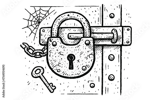 Weathered Padlock Doodle. Weathered Lock. Hand-drawn doodle illustration Weathered Lock padlock, rust, key, chain, metal door, scratches, corrosion, dust,
