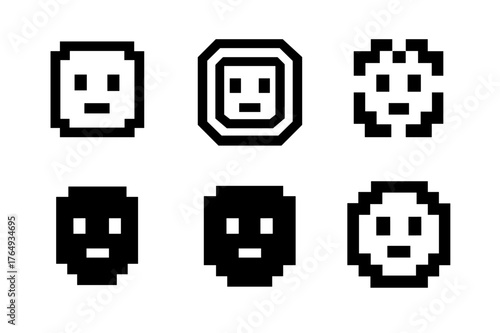 Pixel Persona Logos. Digital avatars. Set Logo of pixel persona: -bit face grid. Icon set. harmonious logo variations of the same emblematic concept, each with