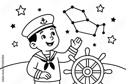 Sailor's Star Map. Stellar navigation children?s coloring book illustration, outlined drawing, a smiling sailor character looking up at the night sky with a