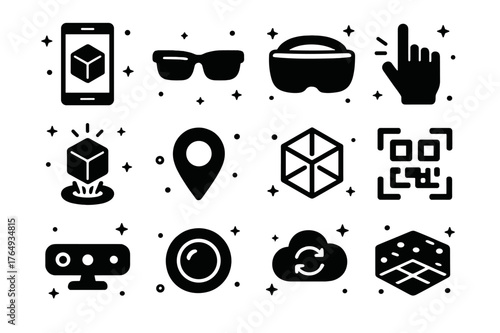 Augmented Reality Icons. augmented reality. Solid icons set of augmented reality: smartphone with AR cube, smart glasses, headset visor, hand gesture, hologram