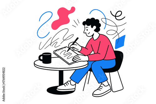 Creative Sketching Vibes. Drawing. Artist drawing on a sketchpad at a coffee table, floating abstract light shapes and pencil lines, relaxed and creative