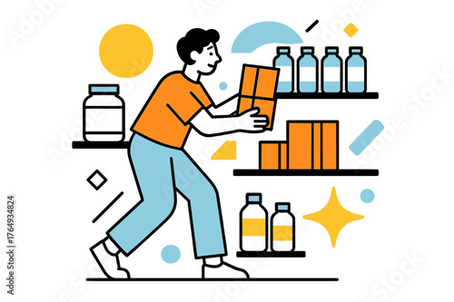 Restocking with Style. Restocking Supplies. Person placing items on shelves with floating abstract geometric shapes and soft light accents, organized and