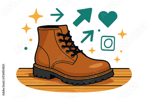 Stylish Leather Boot. Boot. Single leather boot on wooden floor with abstract floating sparkles, arrows, and icons; conveys fashion, durability, and style.