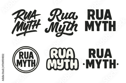 Diverse Lettering Styles. Rua Myth. Set lettering. harmonious lettering variations of the same emblematic concept, each with different artistic interpretation