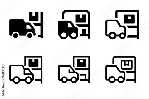Delivery Logo Variations. New arrivals display. Set Logo of New arrivals display: delivery truck placing package onto shelf. Icon set. harmonious