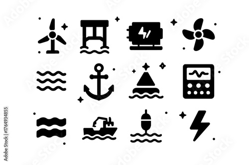 Renewable Marine Icons. Renewable Marine Tech. Solid icons set of Renewable Marine Tech: tidal turbine, underwater platform, generator, propeller, waves,