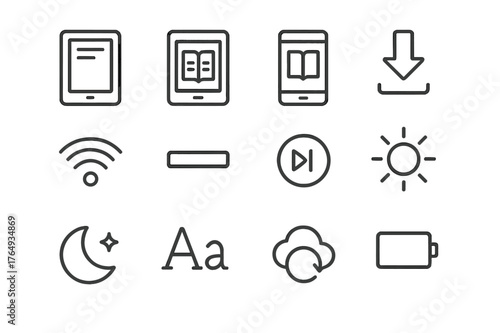 E-Book Icon Set. E-book. Line icon set of E-book: e-reader device, tablet, smartphone, download arrow, wifi signal, progress bar, audiobook play pause,