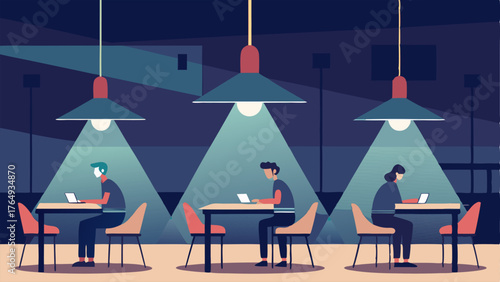 Above the tables modern light fixtures provide ample lighting for students working late into the night.