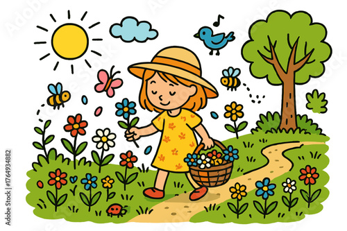 Picking Wildflowers Joyfully. picking wildflowers. Colorful Hand-drawn doodle Children illustration picking wildflowers girl, basket, flowers, grass, sun,