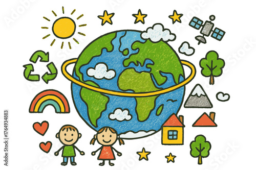 Whimsical Earth Sketch. Planet Earth. Colorful Hand-drawn doodle Children illustration Planet Earth continents, oceans, clouds, orbit ring, stars, satellite,