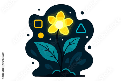 Bioluminescent Glow. Unique Plants. Bioluminescent plant glowing in the dark with floating abstract geometric light accents, mystical and enchanting scene.