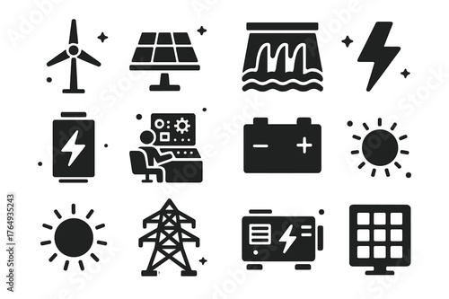 Renewable Energy Icons. Renewable Energy. Solid icons set of Renewable Energy: wind turbine, solar panel, hydro dam, lightning bolt, energy storage, control