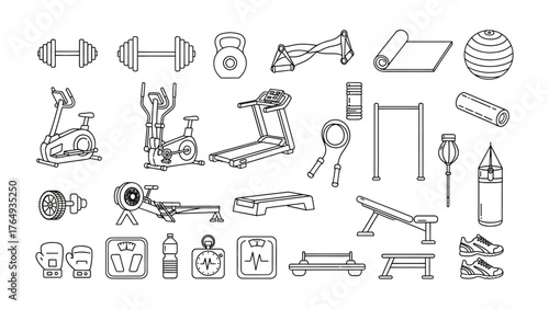 Gym Fitness Equipment: A comprehensive illustration of various gym equipment. showcasing tools for fitness enthusiasts.