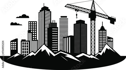 Urban skyline with construction crane, high-rise buildings, mountain backdrop, city development, architecture, infrastructure, scenic clouds, modern growth, black and white illustration