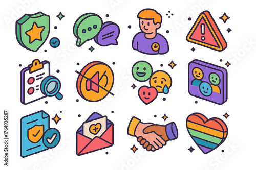 Colorful Community Icons. Online community support. Colorful isometric vector icons set of Online community support: community moderator badge, positive chat