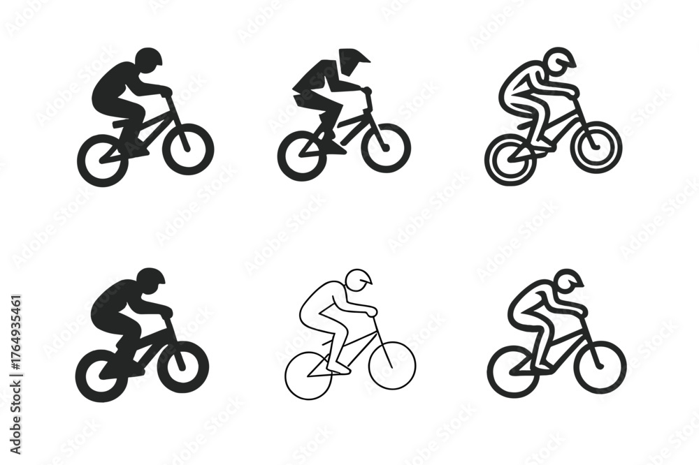 Fototapeta premium BMX Logo Variations. BMX riding. Set Logo of BMX riding: biker performing jump trick. harmonious logo variations of the same emblematic concept, each with