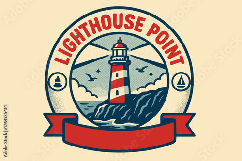 Retro Lighthouse Poster. Lighthouse Point ? Retro Poster; lettering: bold rounded; composition: ribboned seal with side icons; effects: halftone rim + gentle