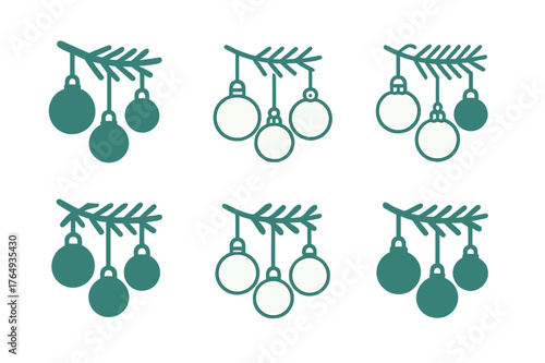 Festive Logo Variations. Christmas market and festive decorations. Set Logo of Christmas market and festive decorations: ornament baubles hanging from a spruce
