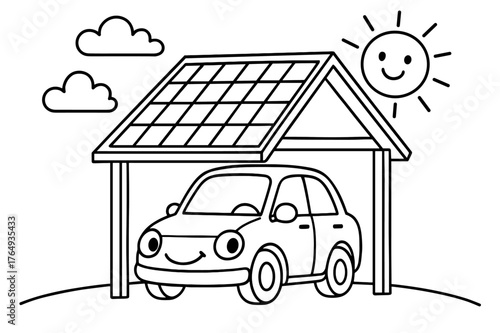 Cheerful Solar Carport. Solar carport children?s coloring book illustration, outlined drawing, a cheerful car parked under a solar roof while the sun shines