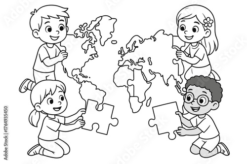 Children's World Puzzle. World map puzzle children?s coloring book illustration, outlined drawing, continents shaped as puzzle pieces being placed together by