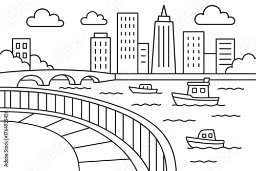 Riverside Cityscape Coloring. City embankment scene children?s coloring book illustration, outlined drawing, simple tall buildings behind a curved railing