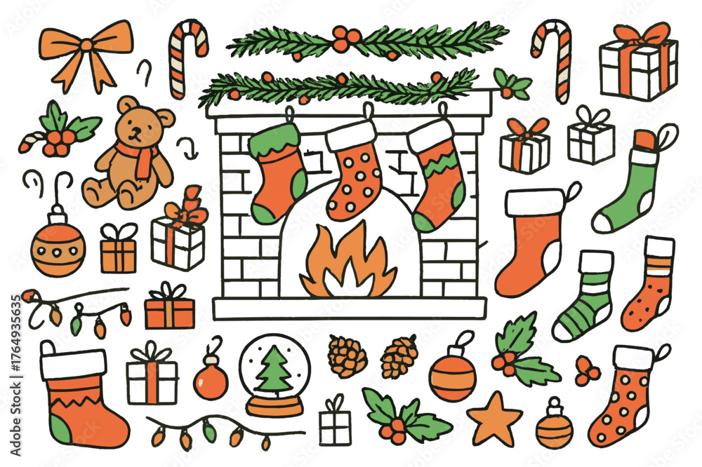 Fototapeta premium Festive Stockings and Hearth. Holiday stockings. Hand-drawn doodle illustration Christmas stockings (colored), fireplace (colored), mantel (colored), candy