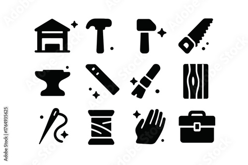 Artisan Tools Icons. Artisan Workshop. Solid icons set of Artisan Workshop: workshop, hammer, chisel, saw, anvil, ruler, paintbrush, wood plank, sewing needle,