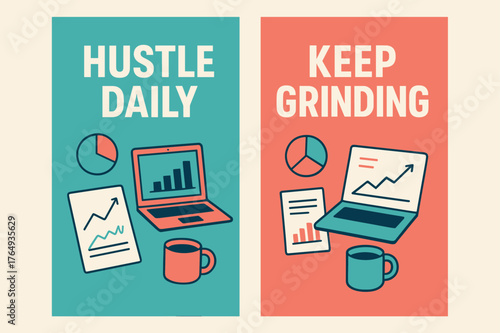 Modern Productivity Banners. Hustle daily. Two vertical A6 banners with safe margins, centered composition, no elements touching edges, modern, turquoise and