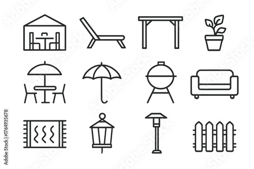 Outdoor Living Icons. Outdoor Living Spaces. Line icon set of Outdoor Living Spaces: patio, deck chair, pergola, potted plant, outdoor table, umbrella, grill,