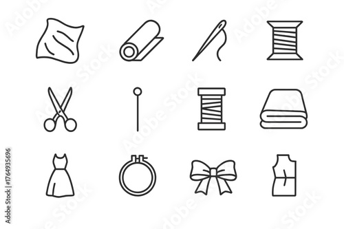 Luxury Textile Icons. Luxury textile. Line icon set of luxury textile: organza fabric, fabric roll, sewing needle, thread, scissors, pin, spool of thread,