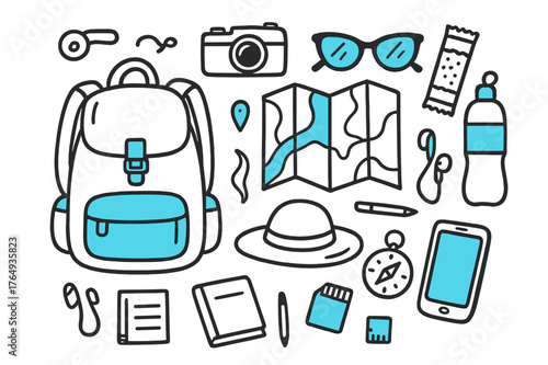 Traveler's Essentials Layout. // Traveler?s flat lay. Hand-drawn doodle illustration Traveler?s flat lay [backpack (accented), folded map (accented), camera,