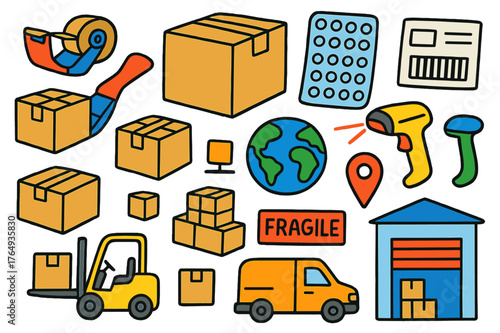 Colorful Shipping Doodles. Packaging and shipping. Colorful Hand-drawn doodle Children illustration Packaging and shipping cardboard boxes, tape dispenser,