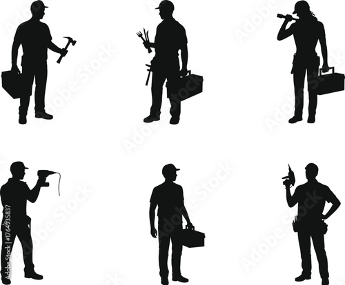 Construction worker silhouettes, handyman tools, power drill, toolbox, labor force, repair crew, industrial job, black figures, maintenance team, tradespeople