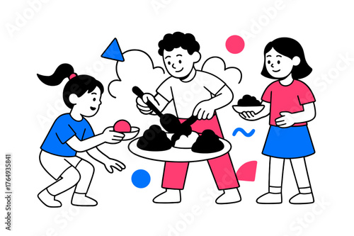 Educational Food Rationing. Rationing Food. Children helping divide food portions with floating abstract geometric shapes, educational and mindful scene.