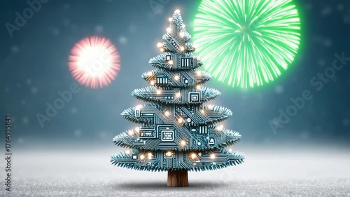 High-tech Christmas tree made of microchips with sparkling lights against a backdrop of fireworks. Digital holiday concept. New Year.