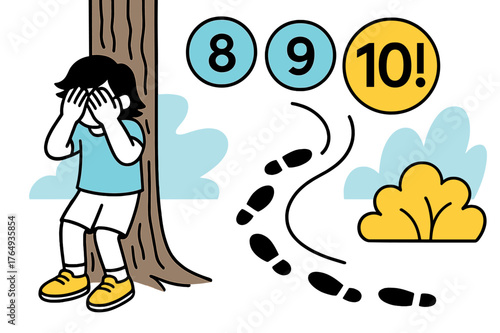 Hide and Seek. Counting at the Tree. Hands cover eyes against a bark pattern while numbers ???!? hover in bold circles. Footprints peel away toward bushes with
