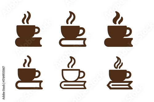 Book and Coffee Logos. Books and Reading. Set Logo of Books and Reading: a steaming coffee cup beside a hardcover book. harmonious logo variations of the same