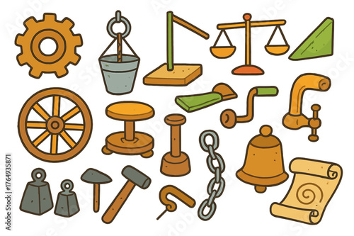 Colorful Early Machines Doodle. Early machines. Colorful Hand-drawn doodle Children illustration Early machines bronze gear, pulley, lever, balance scale,