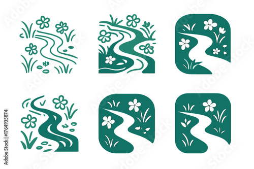 Stream Logo Variations. Stream with blooming flowers. Set Logo of Stream with blooming flowers: Meadow stream strewn with floating petals and