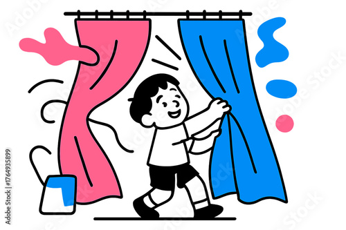 Playful Curtain Scene. Closing Curtains. Child tugging on colorful curtains with floating abstract fabric shapes and soft rays of light, playful and cheerful