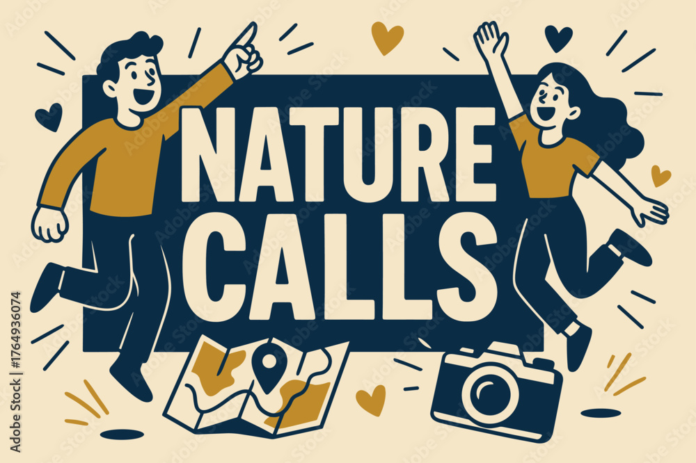 Naklejka premium Nature Adventure Banner. Nature calls banner, flat vector illustration, bold oversized text inside rectangular frame, cartoon characters pointing and jumping,
