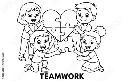 Heart Puzzle Teamwork. Teamwork puzzle children?s coloring book illustration, outlined drawing, cheerful kids each holding one puzzle piece and joining them to